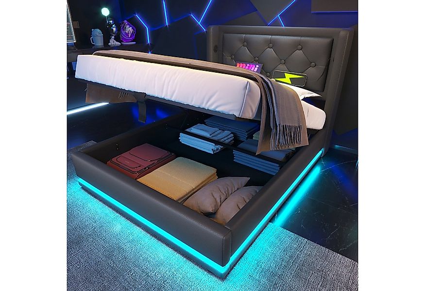 Flieks Polsterbett, LED Hydraulisches Stauraumbett Einzelbett 90x200cm mit günstig online kaufen