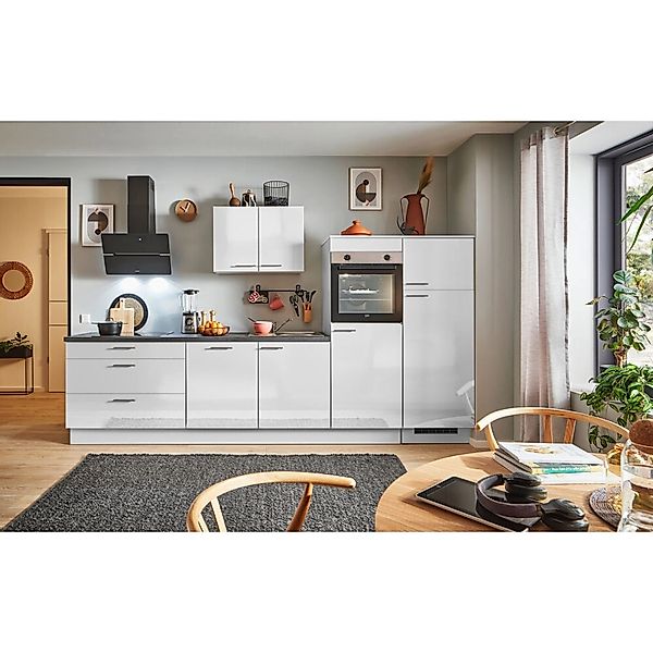 pino Küchenzeile 340 cm Lichtgrau Hochglanz Anschlag rechts 2 Geräteschränk günstig online kaufen
