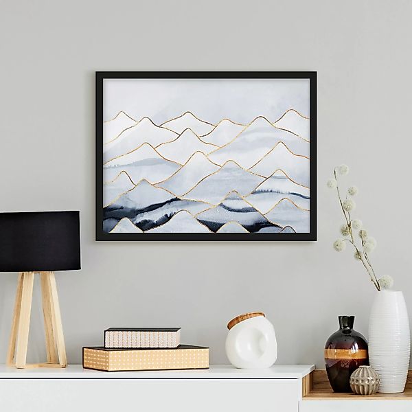 Bild mit Rahmen Abstrakt - Querformat Aquarell Berge Weiß Gold günstig online kaufen