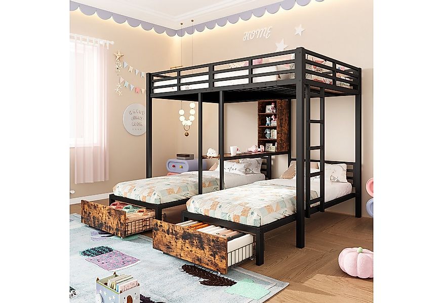 Flieks Etagenbett, Metallbett Dreierbett 90/140x200cm mit Staufächern und 2 günstig online kaufen