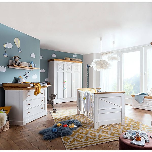 Babyzimmer komplett Set Kiefer weiß mit Eiche KOLOMEA-69, 5-teilig günstig online kaufen