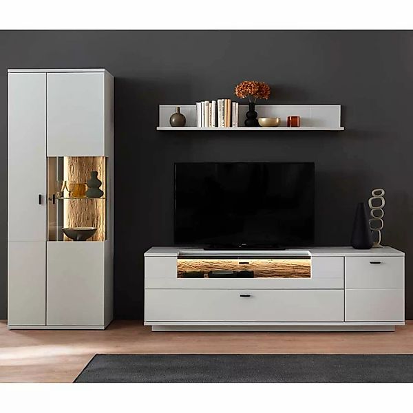 Design Wohnwand lichtgrau optional mit Beleuchtung 199 cm hoch (dreiteilig) günstig online kaufen