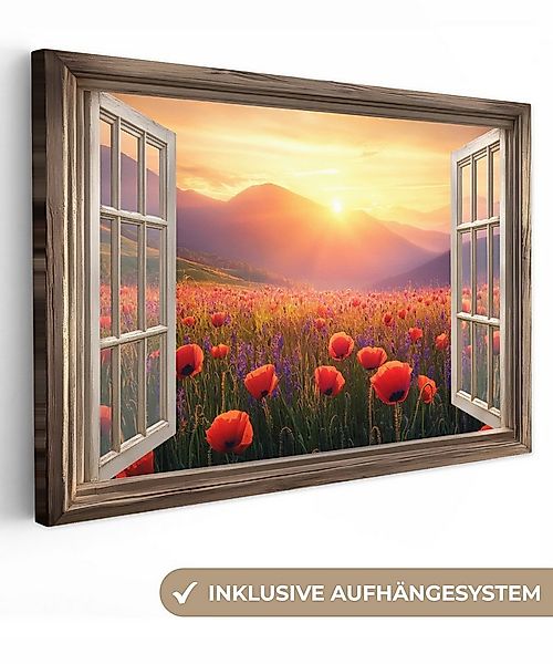 OneMillionCanvasses® Leinwandbild Fensterblick - Fenster - Mohnblumen - Blu günstig online kaufen