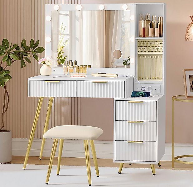 VASAGLE Schminktisch Frisiertisch mit Schubladen, Hocker, LED-Leuchten (Set günstig online kaufen