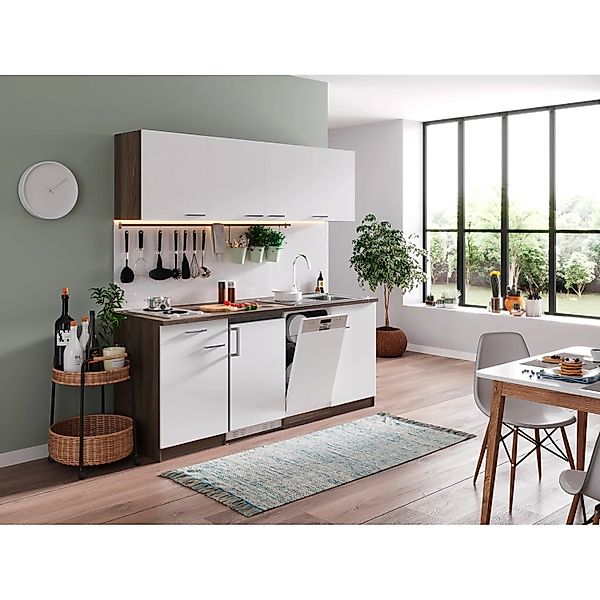 Respekta Küchenzeile KB195EYG 195 cm Grau-Eiche York Nachb. Glänzend Duokoc günstig online kaufen