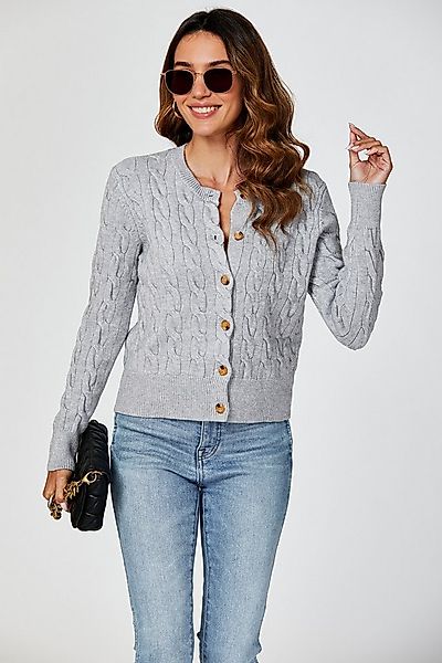 FS Collection Strickjacke Damen Strickjacke mit Rundhalsausschnitt & Zopfmu günstig online kaufen