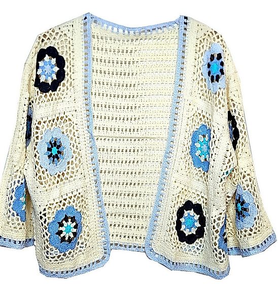 Strickjacke Boho Cardigan Häkel Creme Blau L 40 / 42 Ibiza Style günstig online kaufen