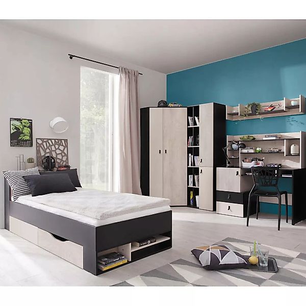 Jugendzimmer Set 6-teilig PITTSBURGH-133 mit Jugendbett 90x200 in schwarz m günstig online kaufen