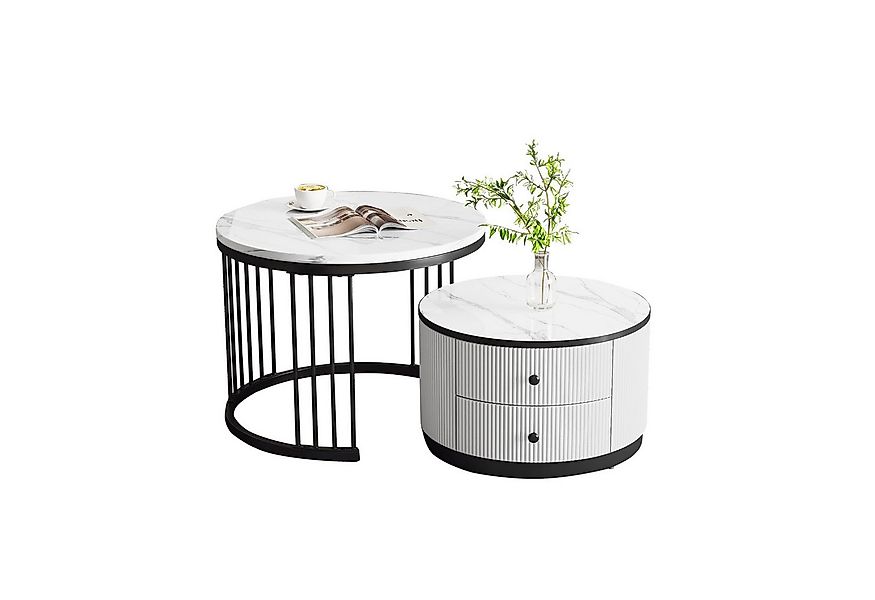 REDOM Couchtisch Couchtisch Set 2-teilig rund in Marmoroptik Weiß (Sofatisc günstig online kaufen