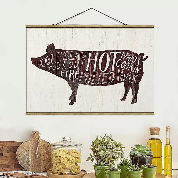 Stoffbild Tiere mit Posterleisten - Querformat Bauernhof BBQ - Schwein günstig online kaufen