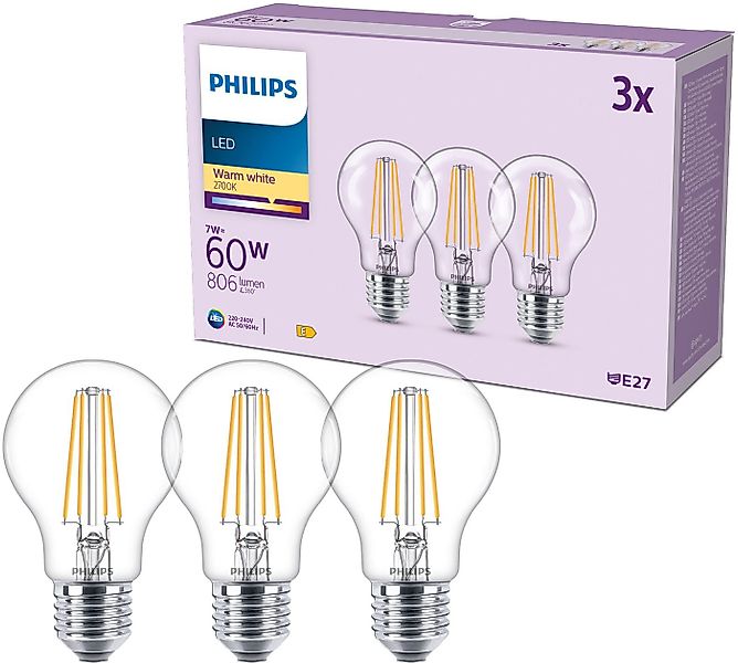 Philips LED-Leuchtmittel Classic 60W Non-Dim, E27, 3 St., Warmweiß günstig online kaufen