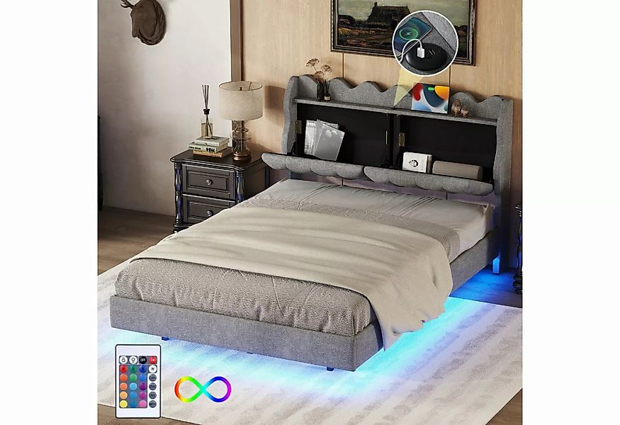 MODFU Polsterbett mit Nachtkästchen, mit Lichtleiste, Doppelbett mit USB-La günstig online kaufen
