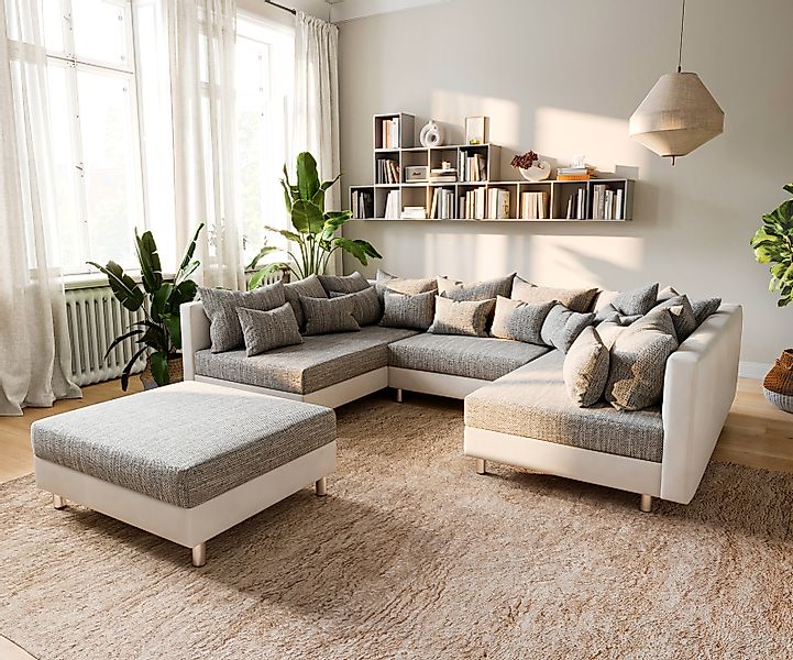 Wohnlandschaft Clovis Weiss Hellgrau Modulsofa Hocker günstig online kaufen