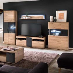 Wohnzimmer Anbauwand in Anthrazit und Eichefarben 330 cm breit (vierteilig) günstig online kaufen