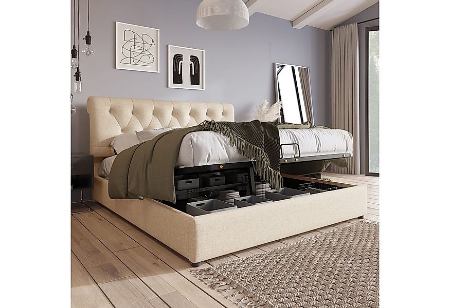 Flieks Polsterbett, Hydraulisches Doppelbett Kiefernholzbett 140x200cm Lein günstig online kaufen