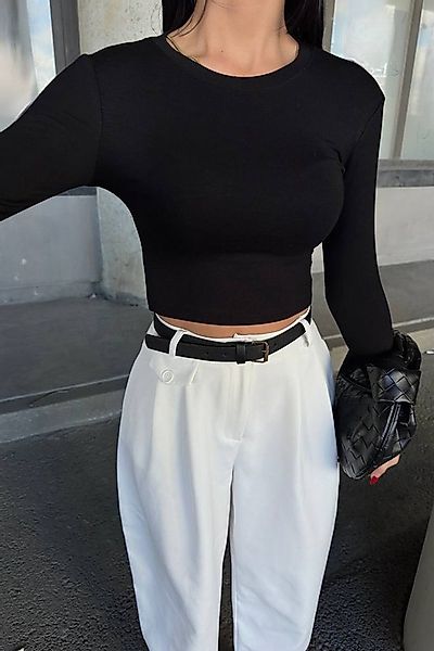 WOMAN VISION Blusentop Crop-Cut-Bluse mit langen Ärmeln und Rundhalsausschn günstig online kaufen