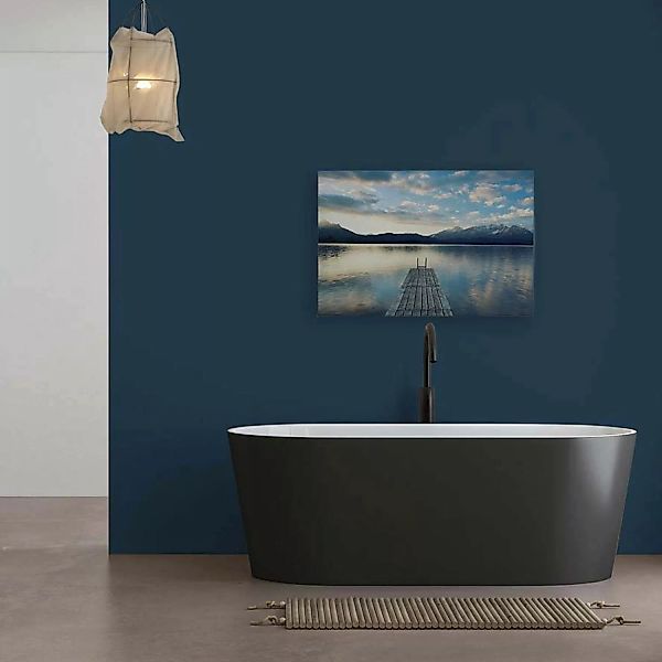 Bricoflor Leinwandbild Berge Und See Romantisches Wandbild Steg An See Blau günstig online kaufen