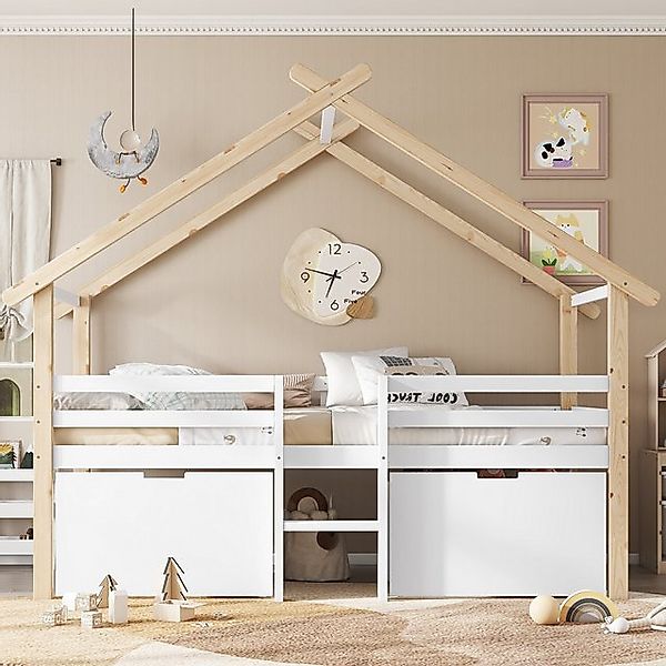Merax Hochbett (1-St) Kinderbett 90x200cm mit Treppe, Schließfächern & Dach günstig online kaufen