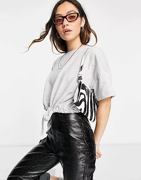 Only – Kurz geschnittenes T-Shirt mit Taillenschnürung in Grau, Kombiteil günstig online kaufen