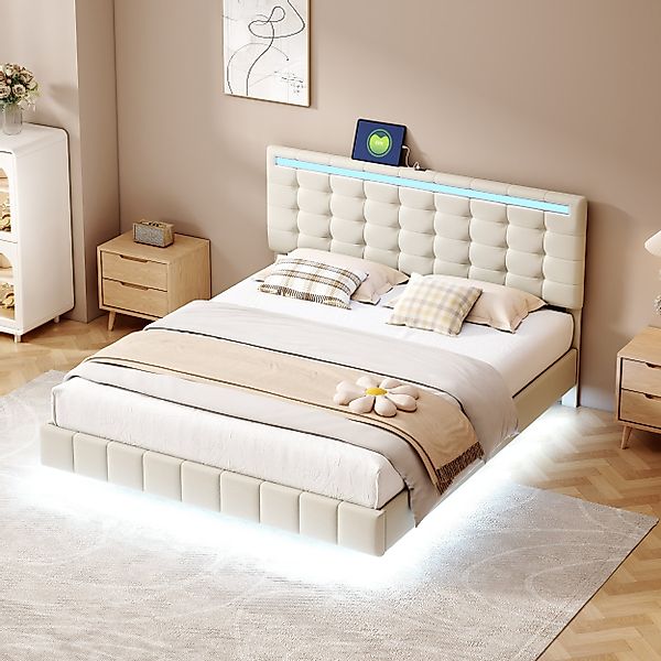 Flieks Polsterbett, LED-Beleuchtung Doppelbett Schwebebettrahmen 160x200cm günstig online kaufen