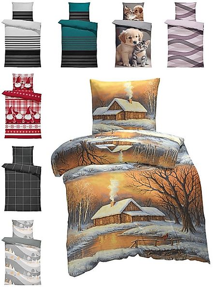 One Home Bettwäsche Winter, Flanell, 4 teilig, Schneehütte Weihnachten, Bau günstig online kaufen