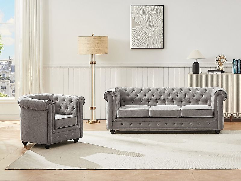 Sofa 3-Sitzer & Sessel - Stoff - Grau - CHESTERFIELD günstig online kaufen