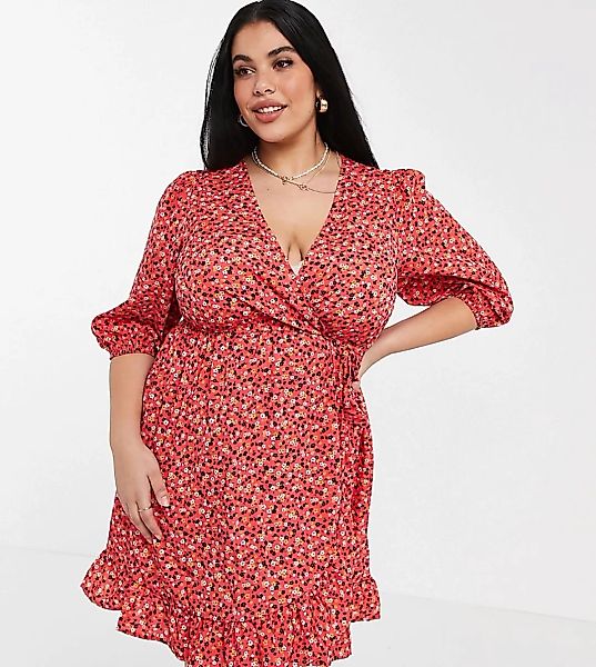 New Look Curve – Minikleid in Rot mit Wickeldesign und Blumenmuster-Rosa günstig online kaufen