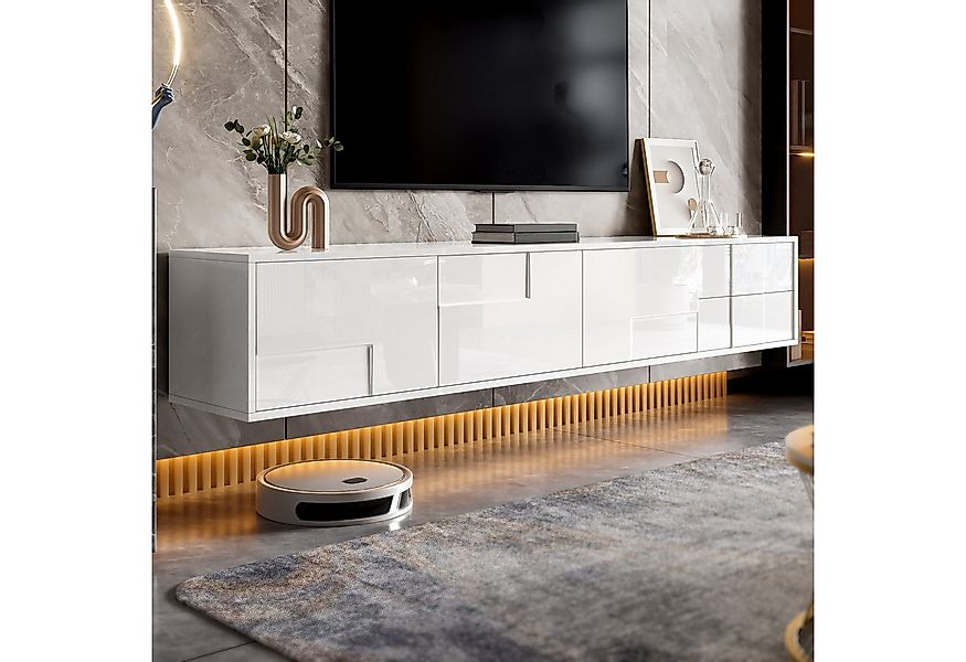 REDOM TV-Schrank TV-Lowboard 170x30x30,5 cm in Weiß, grifflos mit Hochglanz günstig online kaufen