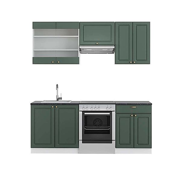 Vicco Fame-Line Küchenzeile Grün-Gold Landhaus/Weiß 200 cm AP Anthrazit günstig online kaufen