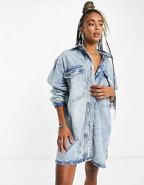 AllSaints – Chloe – Jeanskleid im Hemdjacken-Stil in hellblauer Waschung günstig online kaufen