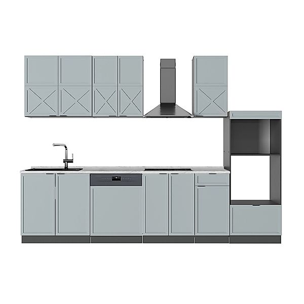 Vicco Fame-Line Küchenzeile Hellblau-grau/Anthrazit 300 cm mit Hochschranko günstig online kaufen