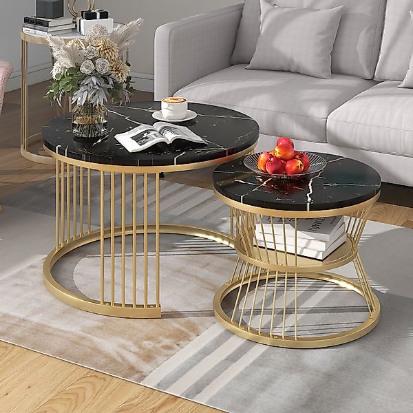 2er-Set Couchtische, MDF mit stabilem Metallrahmen, 70x70x47 cm, Schwarz günstig online kaufen