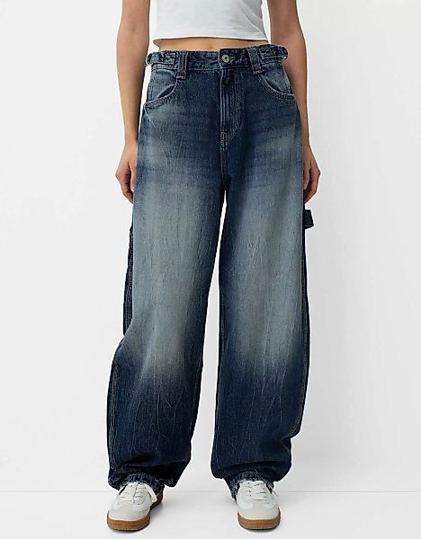 Bershka Verstellbare Workwear-Jeans Im Balloon-Fit Damen 40 Dunkelblau günstig online kaufen