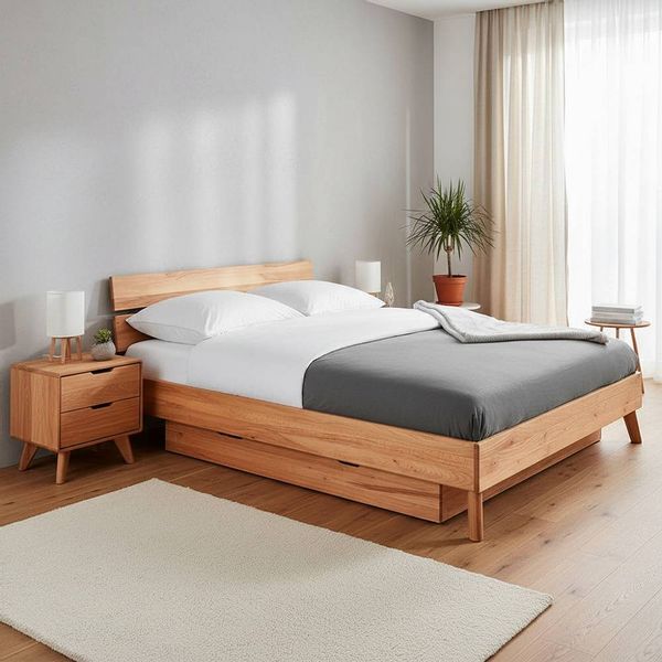 Einzelbett aus Kernbuche Massivholz Schublade günstig online kaufen