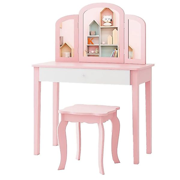 Costway 2 In 1 Kinder Schminktisch mit Klappbarem Spiegel Rosa günstig online kaufen