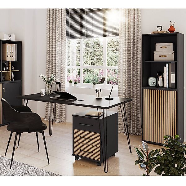 Büromöbelset 3-teilig mit Schreibtisch, schwarz, Akustikpaneel-Optik HUNTSV günstig online kaufen