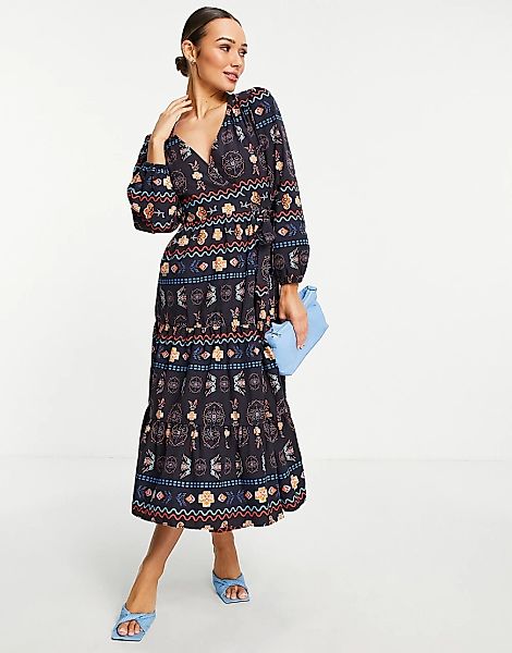 Never Fully Dressed – Midi-Wickelkleid in Schwarz mit Kontrastnähten günstig online kaufen