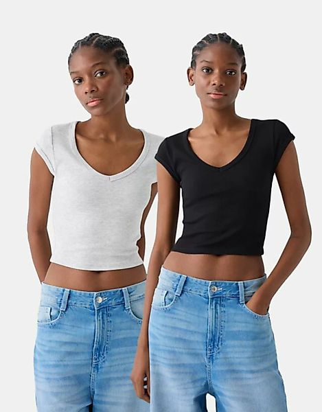 Bershka 2er-Pack T-Shirts Mit Kurzen Ärmeln Und V-Ausschnitt Damen Xs Kombi günstig online kaufen