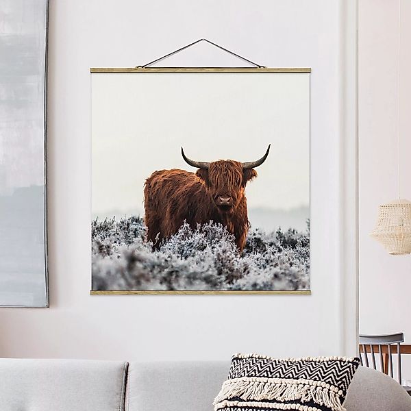 Stoffbild Tiere mit Posterleisten - Quadrat Bison in den Highlands günstig online kaufen
