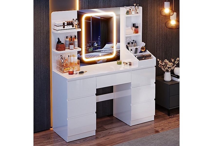 HOMALL Schminktisch Schminktisch mit Spiegel und LED Mit 7 Schubladen und 8 günstig online kaufen