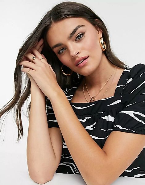 New Look – Bluse mit eckigem Ausschnitt und Zebradruck-Weiß günstig online kaufen