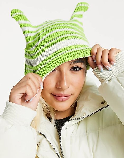 ASOS DESIGN – Mütze aus Rippstrick mit Spitzen in Grün und Weiß gestreift-M günstig online kaufen