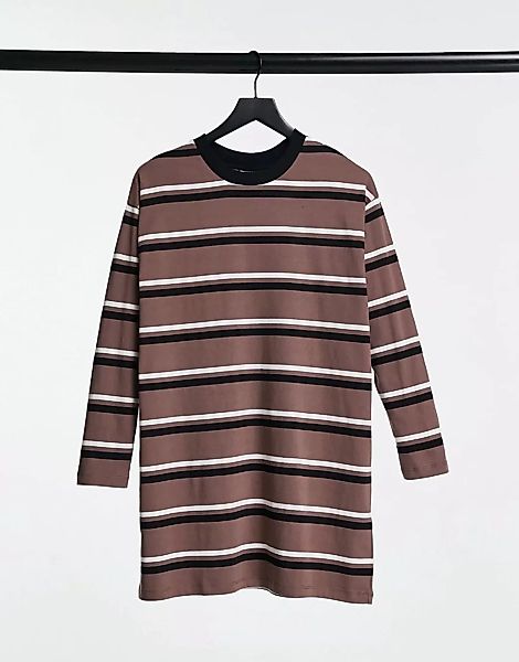 ASOS DESIGN – Langärmliges Oversize-Shirtkleid in Taupe, schwarz und weiß g günstig online kaufen