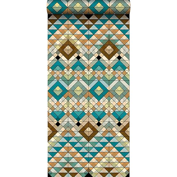 ESTAhome XXL-Vliestapete Aztek-Motiv Türkis Beige und Meeresgrün 50 x 900 c günstig online kaufen