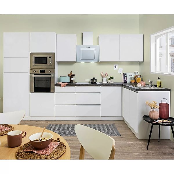 Respekta Premium Winkelküche Grifflos 345 cm Grau Hochglanz-Weiß günstig online kaufen