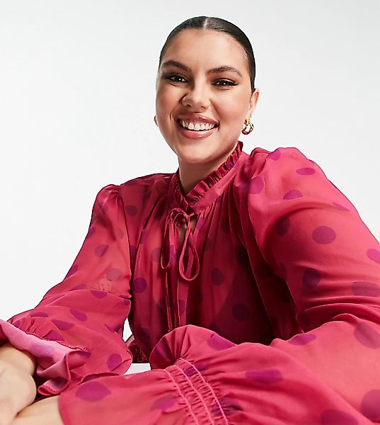 ASOS DESIGN Curve – Rosa gepunktete Bluse mit Bindedetail am Ausschnitt und günstig online kaufen