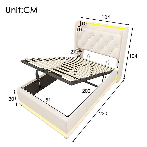 HAUSS SPOLE Polsterbett 90x200cm mit LED-Beleuchtung, Ladefunktion weiß PU günstig online kaufen
