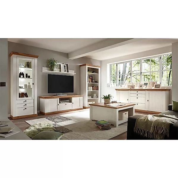 Landhaus Anbauwand in Weiß und Wildeichefarben 210 cm breit (sechsteilig) günstig online kaufen