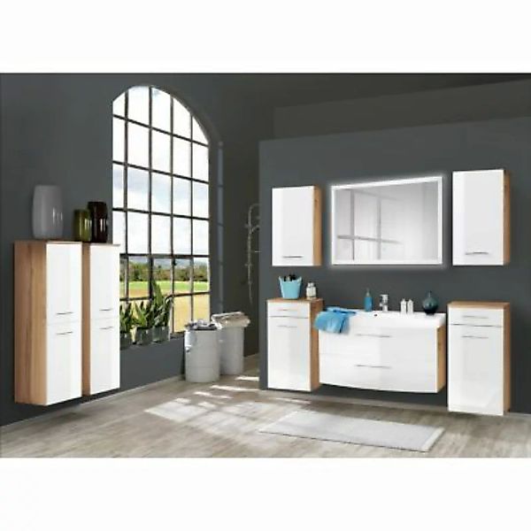 Lomadox Badezimmermöbel Set mit 100cm Waschtisch FLORIDO-03-OAK weiß Hochgl günstig online kaufen