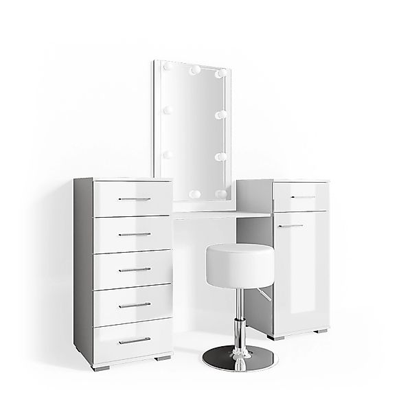 Vicco Schminktisch Zoe Weiß 140 cm mit LED Beleuchtung und Hocker günstig online kaufen
